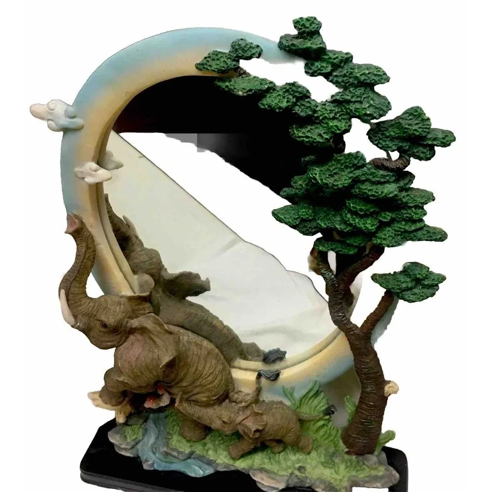 Vintage 3D Tropical Forrest Elephants Oval Vanity‎ Desktop Mirror EUC 15